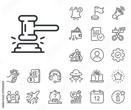 Court judgement sign. Salaryman, gender equality and alert bell outline icons. Judge hammer line icon. Legal law symbol. Judge hammer line sign. Spy or profile placeholder icon. Vector