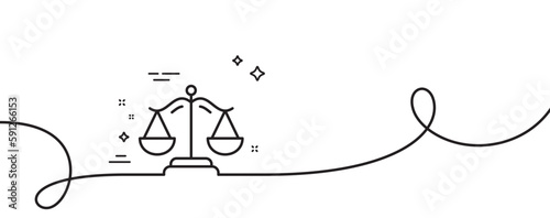 Justice scales line icon. Continuous one line with curl. Judgement scale sign. Legal law symbol. Justice scales single outline ribbon. Loop curve pattern. Vector