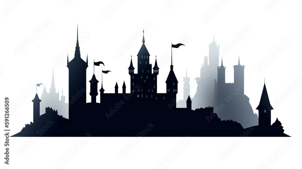 Minimalist black castle silhouette, elegant and simple vector illustration on blank background, generative AI
