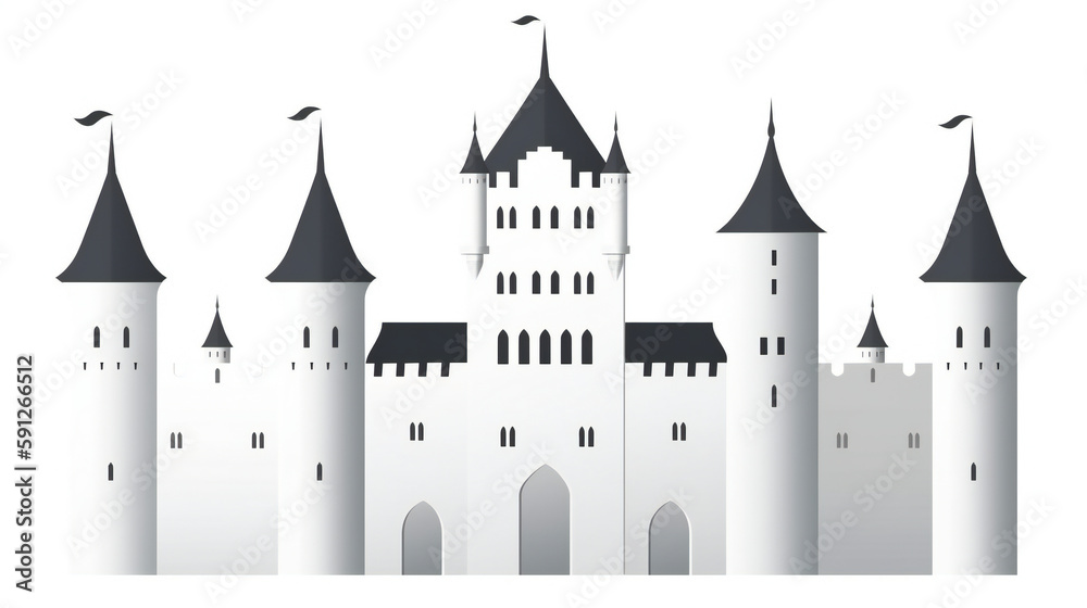 Minimalist white castle silhouette, elegant and simple vector illustration on blank background, generative AI