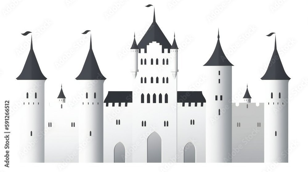 Obraz premium Minimalist white castle silhouette, elegant and simple vector illustration on blank background, generative AI