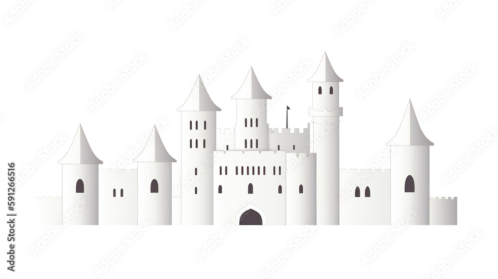 Minimalist white castle silhouette, elegant and simple vector illustration on blank background, generative AI