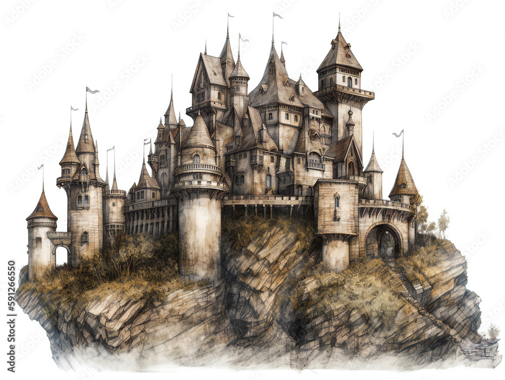 Majestic floating castle, digital illustration with detailed textures, isolated on white background, generative AI