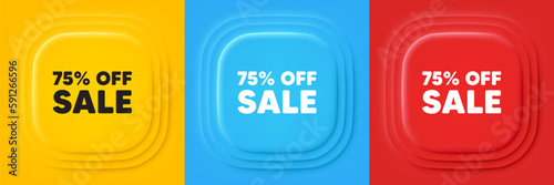 Sale 75 percent off discount. Neumorphic offer banners. Promotion price offer sign. Retail badge symbol. Sale podium background. Product infographics. Vector
