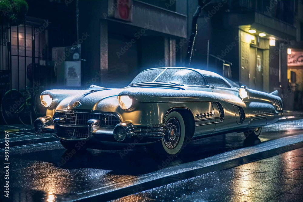 Retro futuristic car in 50s style on the street in the rain, Generative AI