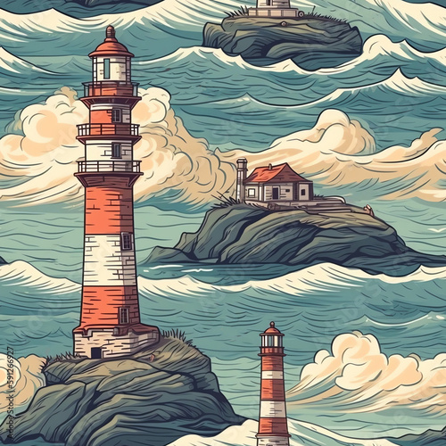 Seamless pattern illustration with marine theme and lighthouse, background made with generative ai