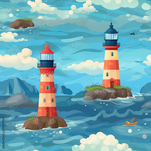 Seamless pattern illustration with marine theme and lighthouse, background made with generative ai