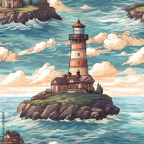 Seamless watercolor pattern illustration with marine theme and lighthouse, background made with generative ai