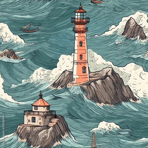 Seamless pattern illustration with marine theme and lighthouse, background made with generative ai