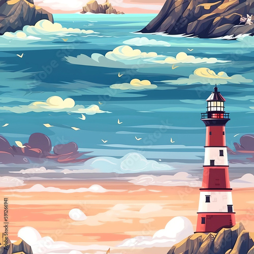 Seamless pattern illustration with marine theme and lighthouse, background made with generative ai