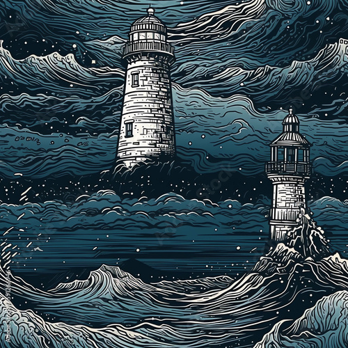 Seamless pattern illustration with marine theme and lighthouse, background made with generative ai
