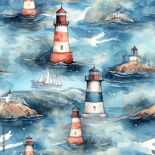 Seamless watercolor pattern illustration with marine theme and lighthouse, background made with generative ai