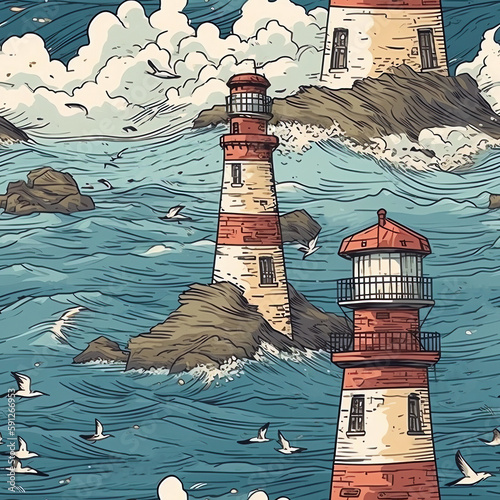Seamless pattern illustration with marine theme and lighthouse, background made with generative ai