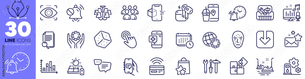 Load document, Puzzle and Chat app line icons pack. Filling station, Spanner tool, Search file web icon. Face biometrics, Loyalty points, Alarm clock pictogram. Solar panel, Text message. Vector Load document, Puzzle and Chat app line icons pack. Filling station, Spanner tool, Search file web icon. Face biometrics, Loyalty points, Alarm clock pictogram. Solar panel, Text message. Vector
