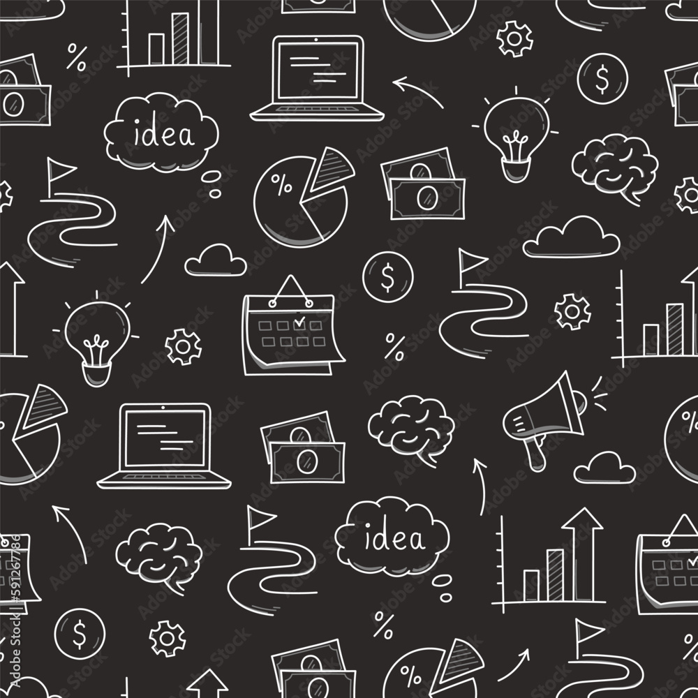 Business idea doodle seamless pattern background. Business success, creative idea concept doodle drawn sketch style pattern with lightbulb, megaphone, calendar element. Vector illustration Business idea doodle seamless pattern background. Business success, creative idea concept doodle drawn sketch style pattern with lightbulb, megaphone, calendar element. Vector illustration