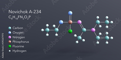 novichok a-234 molecule 3d rendering, flat molecular structure with chemical formula and atoms color coding photo