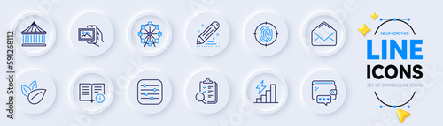 Inspect, Carousels and Fingerprint line icons for web app. Pack of Mail, Ferris wheel, Image album pictogram icons. Consumption growth, Organic product, Technical info signs. Vector