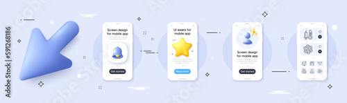 Coronavirus, People insurance and Intestine line icons pack. Phone screen mockup with 3d cursor. Alert, star and placeholder. Thermometer, Patient, Difficult stress web icon. Vector