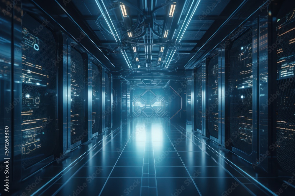 Big data concept design. Server room interior in datacenter, binary data flow on blue background, Generative AI