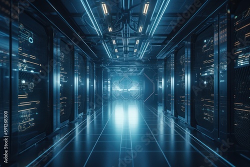 Big data concept design. Server room interior in datacenter  binary data flow on blue background  Generative AI