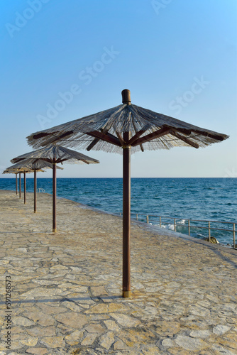 Row of beach umbrellas. Wreck parasols on the coast
