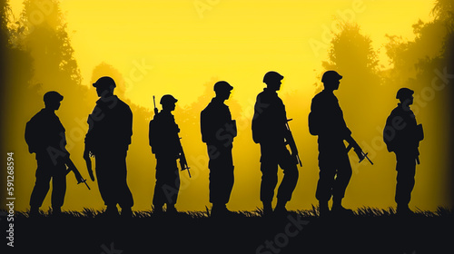 Military illustration, army background, silhouettes of soldiers. generative AI.
