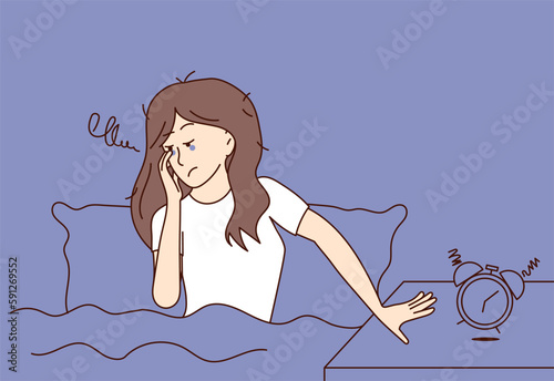 Sleepy and tired woman sits in bed and tries to turn off the alarm clock. Fight insomnia and stress at night. Exhaustion from work. Flat vector illustration