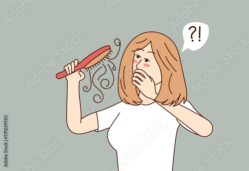 The girl is upset, she has hair loss on her head. Frustrated woman is sick with hair loss and needs medical help. Vector flat illustration about people