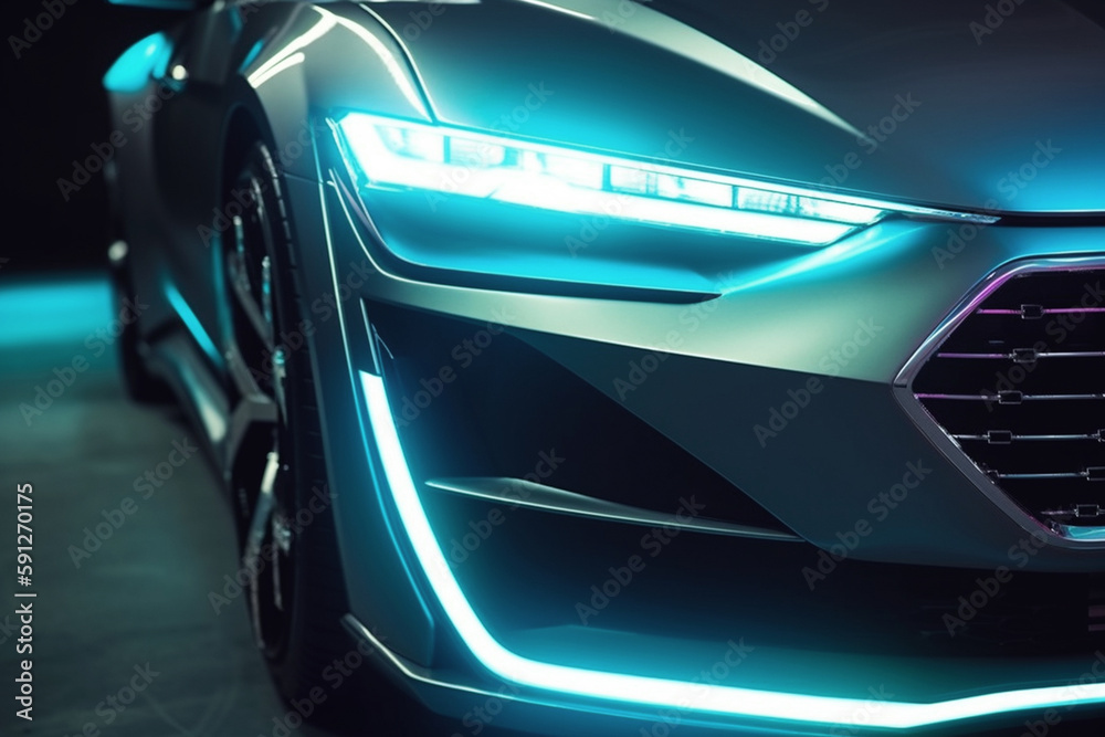 Modern electric supercar with LED headlight optics in the night city. Generative AI