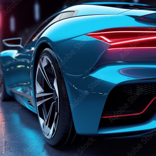 Future super blue electric car with red headlights and wheel in the night city. Generative AI © alones