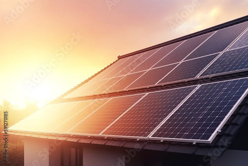 Modern house with solar panels on the roof at sunset. Generative AI
