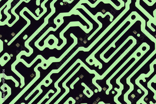 Diagonal random green lines on dark background. Seamless abstract texture of electronic components, motherboard, printed circuit board. Generative AI