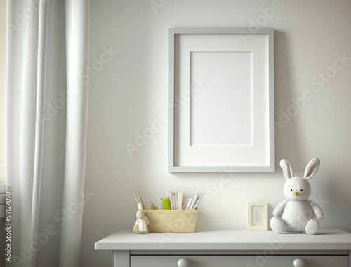 Vertical big white frame mockup on wall with bunny. Empty print template for nursery room in soft color. Generative AI