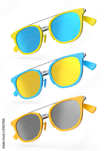 Set of sunglasess with gradient lens and plastic frame on white background.