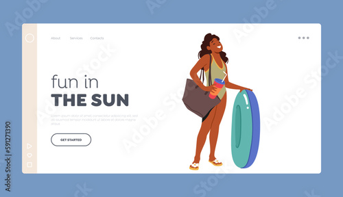 Fun in the Sun Landing Page Template. Young Female Child Stands With Round Floaty In Hand Cartoon Vector Illustration
