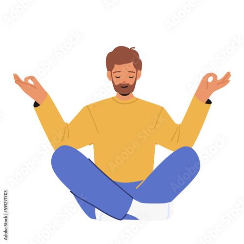Man Character Meditates, Calming His Mind And Finding Inner Peace. Image Evokes Sense Of Serenity Cartoon Illustration