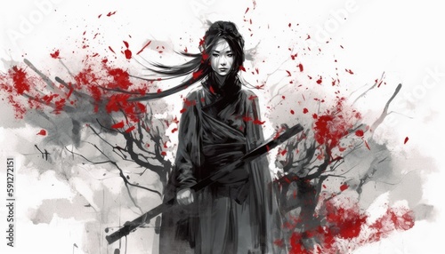 Samurai female silhouettes made with ink. Generative Ai