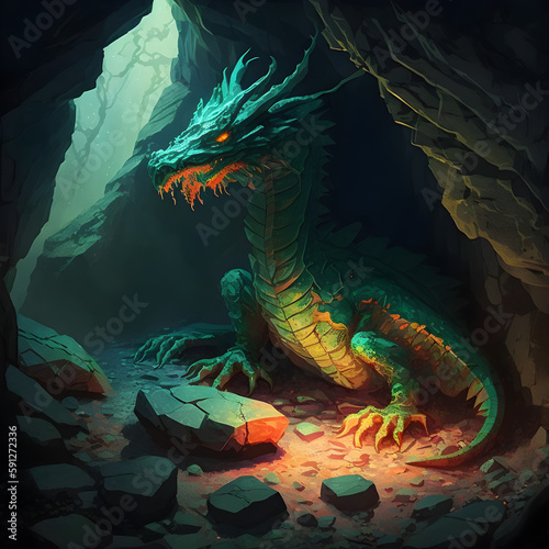 Green dragon in the cave