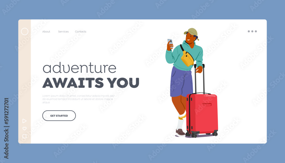 Adventure Awaits Landing Page Template. Young Man Stand with Suitcase And Phone In His Hands. Travel, Wanderlust Concept