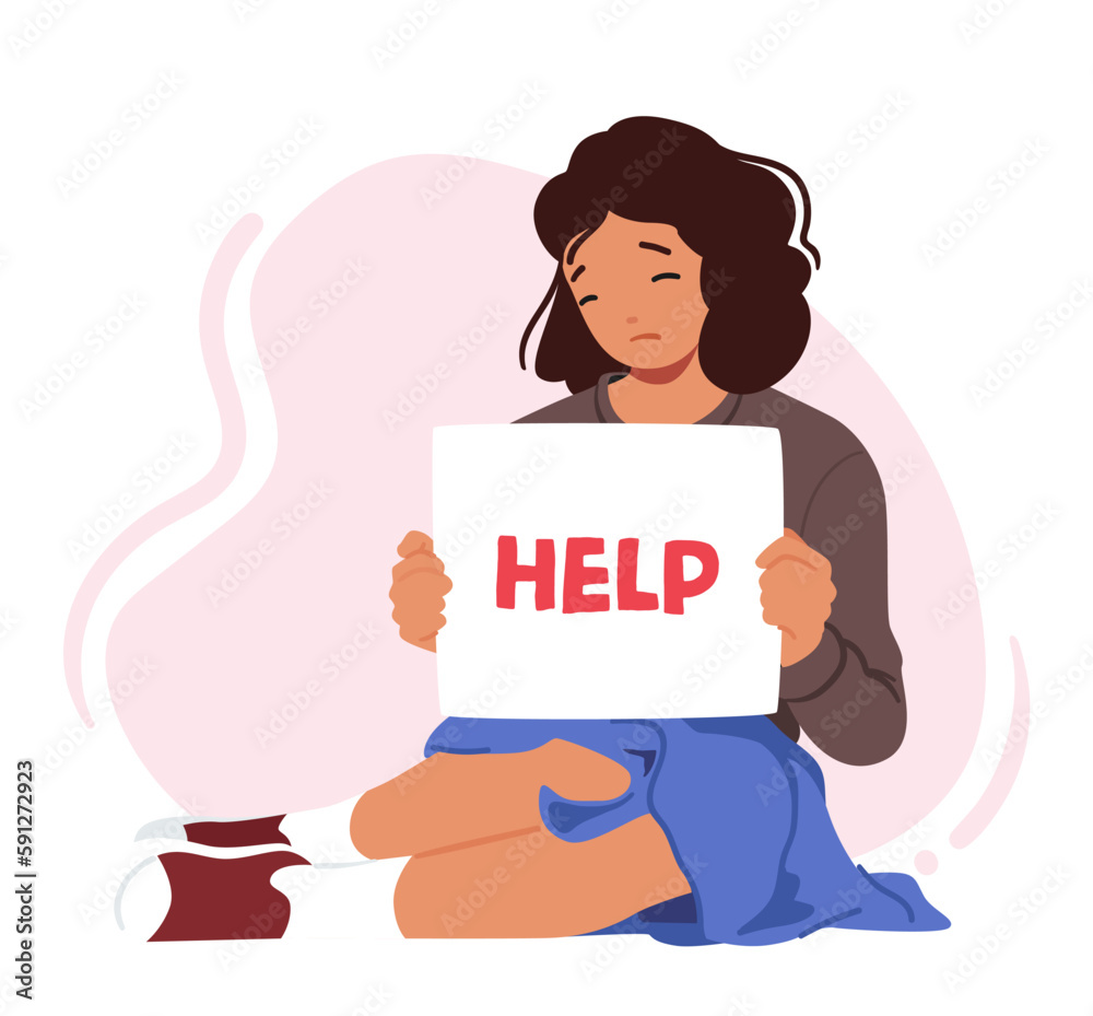 Young Girl Character Grasps A Help Banner, Signifying The Issue Of Domestic Violence. Image Raise Awareness Young Girl Character Grasps A Help Banner, Signifying The Issue Of Domestic Violence. Image Raise Awareness
