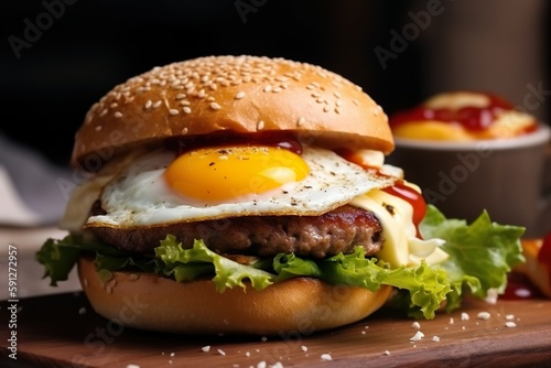Köstlicher, traditioneller, handgemachter Burger mit Fleisch, Ei, Salat, Sauce und Brot, Nahaufnahme