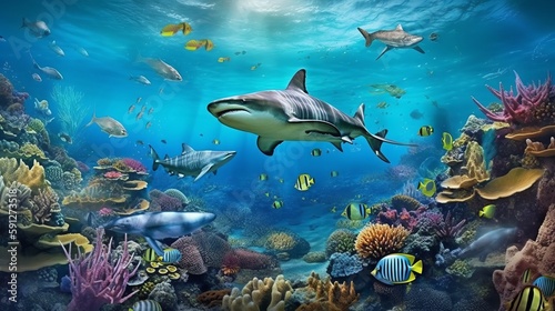 coral reef with fish and shark