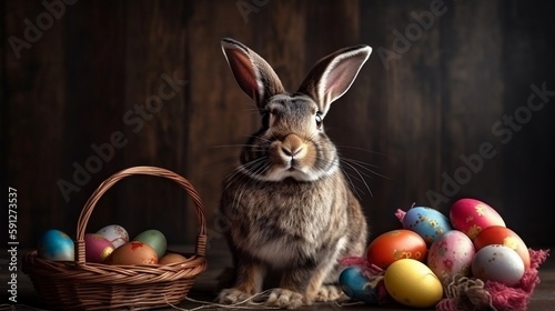 Cool bunny and a basket with easter colorful eggs on a background of wooden boards, created with Generative AI  © Fancy Imagination