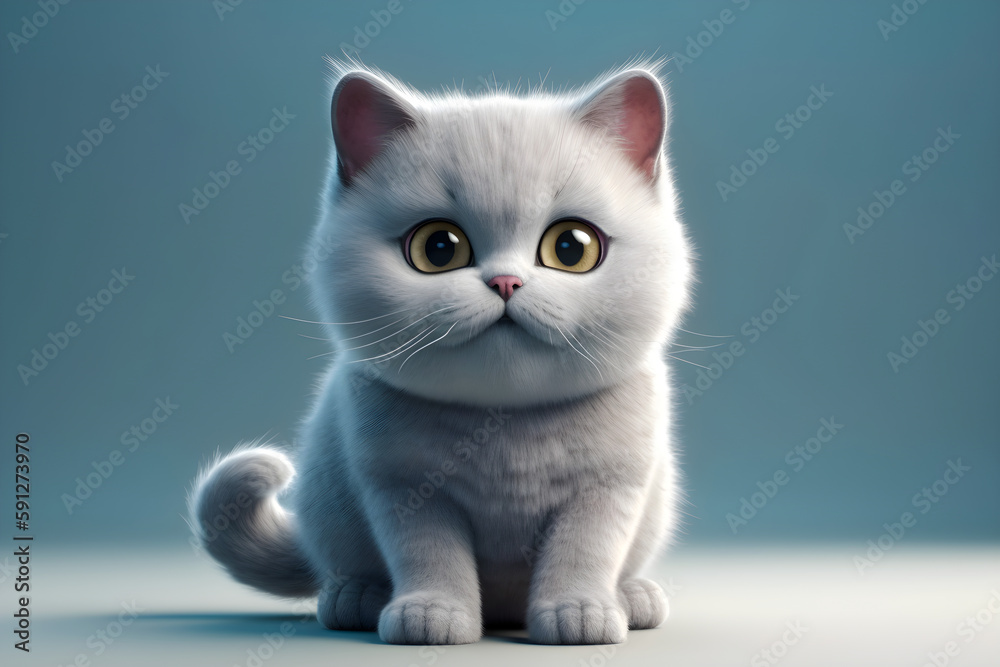 British Shorthair cat on a grey background. Adorable fluffy animal. Generated by AI.