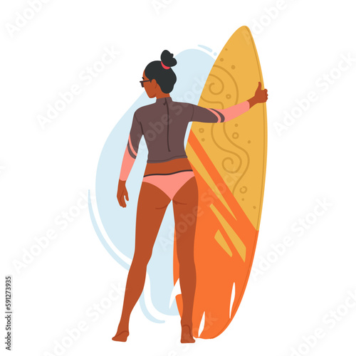 Young Woman Character In Swimsuit With Surfboard In Hands Standing On Beach, Rear View, Cartoon Vector Illustration