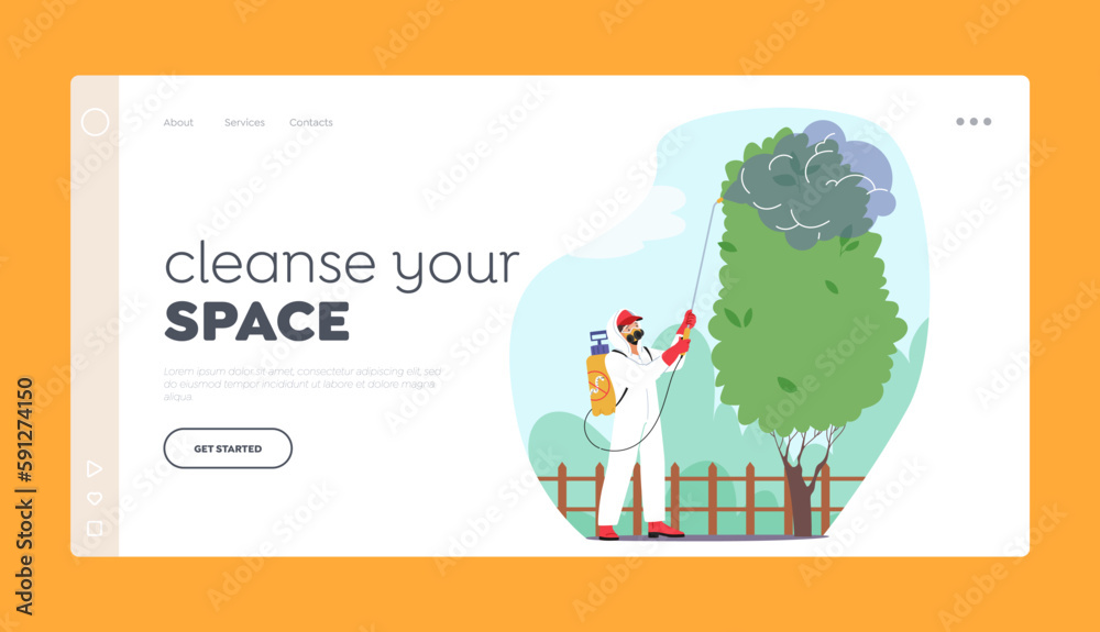 Pest Control Service in Garden Landing Page Template. Worker Uses Spraying Techniques To Eliminate Pests And Rodents