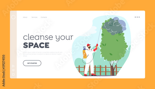 Pest Control Service in Garden Landing Page Template. Worker Uses Spraying Techniques To Eliminate Pests And Rodents
