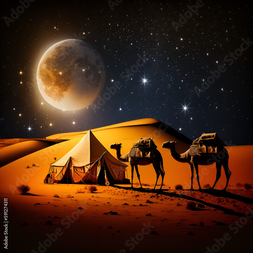 Camels in the desert at night caravan on the sand Generative AI
