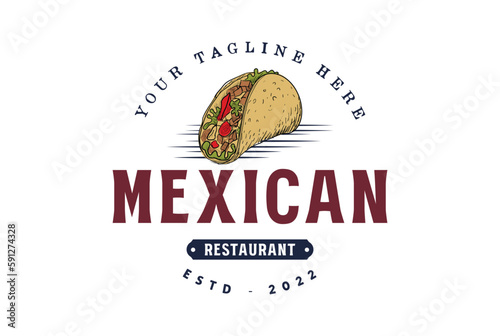 Vintage Retro Hot Spicy Mexican Tacos or Hot Dog Sausage for Restaurant Cafe Badge Typography Logo Design