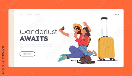 Wanderlust Awaits Landing Page Template. Mother And Daughter Characters Taking Selfie Near Luggage Bagsб Illustration